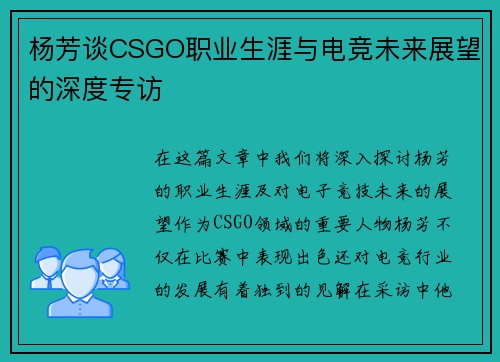 杨芳谈CSGO职业生涯与电竞未来展望的深度专访